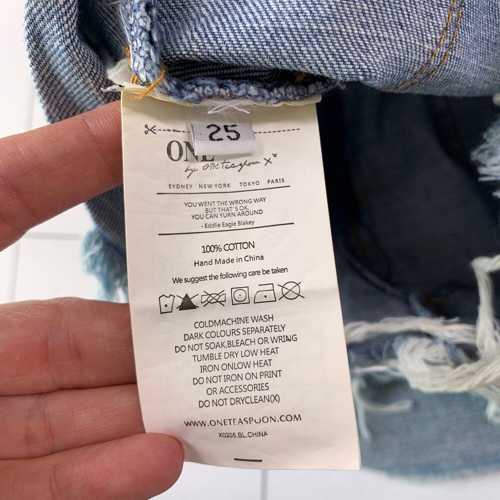 One Teaspoon Shorts Womens 25 Blue Bandits High Rise Distressed Raw Hem Ripped - Picture 3 of 10